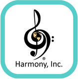 Harmony Inc Logo, a treble and bass clef linked to surround a globe with the words Harmony Inc.